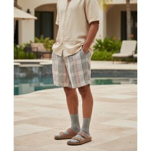 Tommy Bahama Linen Silk Shorts Sz 34 Tan Plaid 10" Resortwear Beachy Normcore